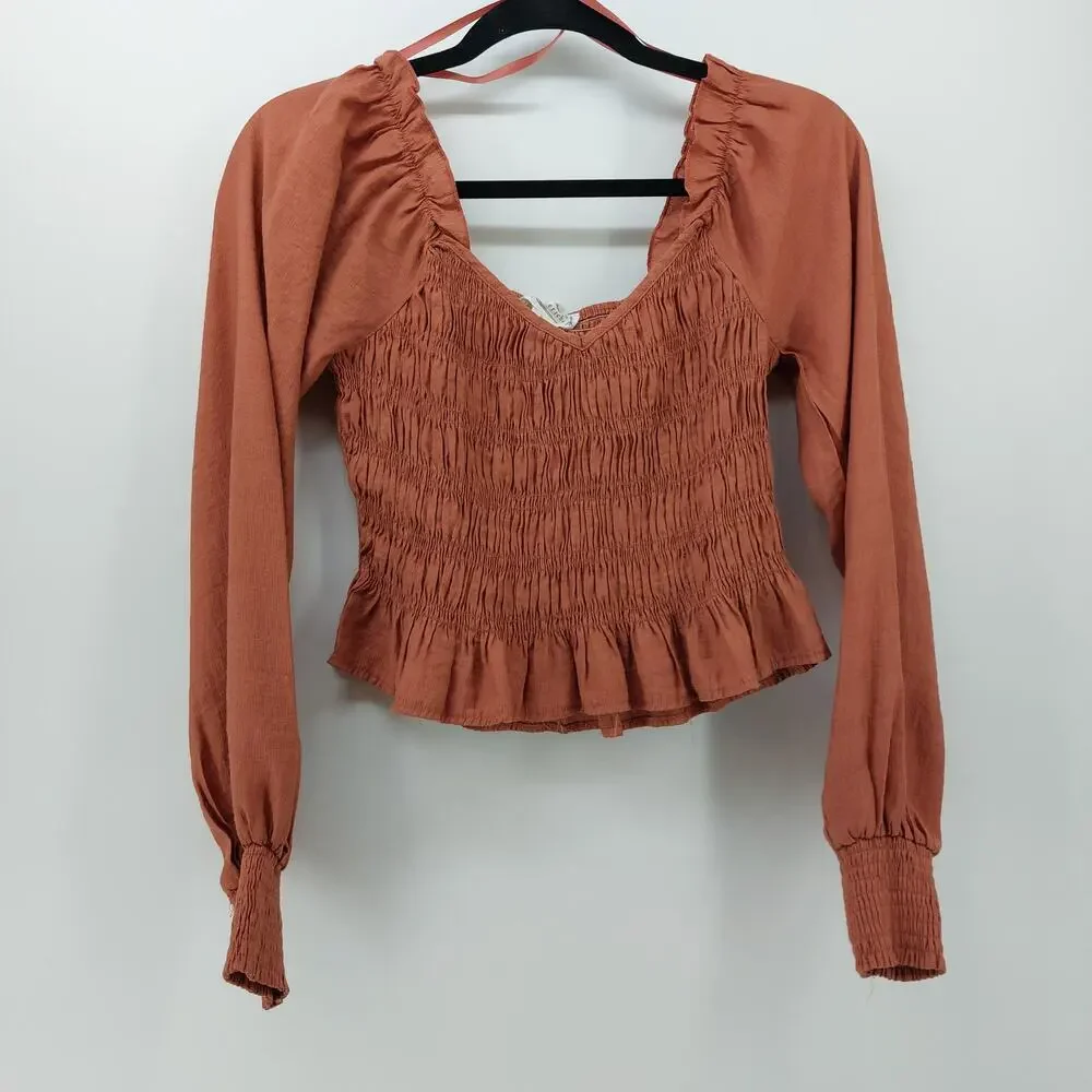 Y2K Loveriche Women's Smocked Crop Top Long Sleeve Sz S